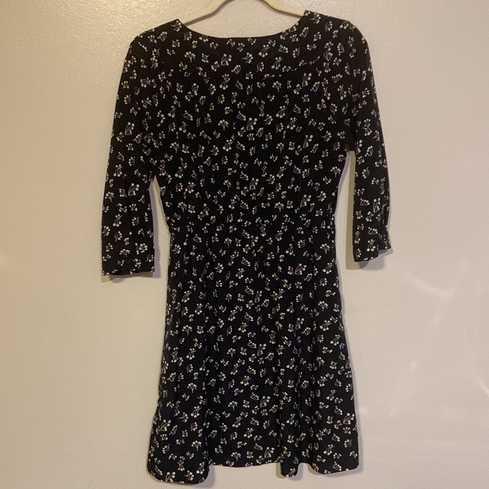Gap Black & Beige Floral Mini Dress 3/4 Sleeves SZ M pockets Like New, Cute! - Picture 3 of 11